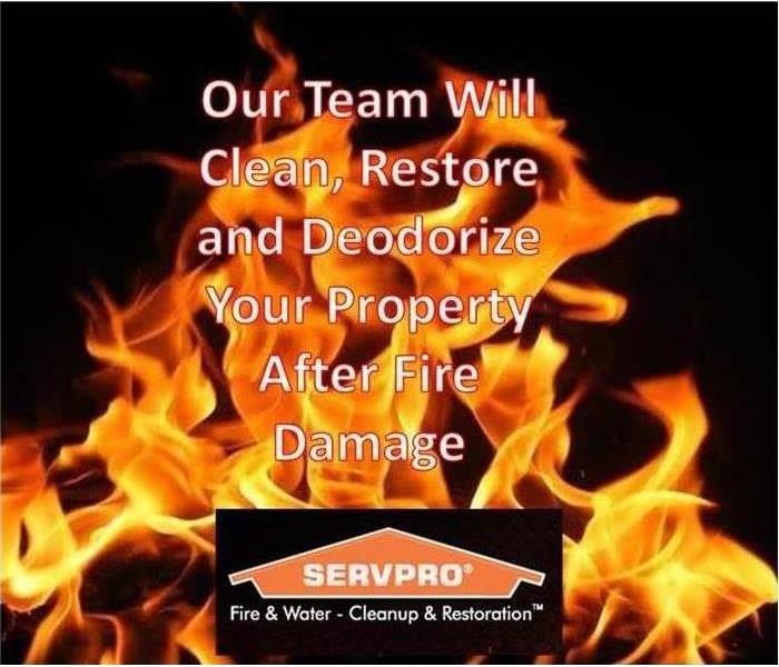 Fire Flame with Our Team will clean, restore and deodorize your property after fire damage with SERVPRO logo
